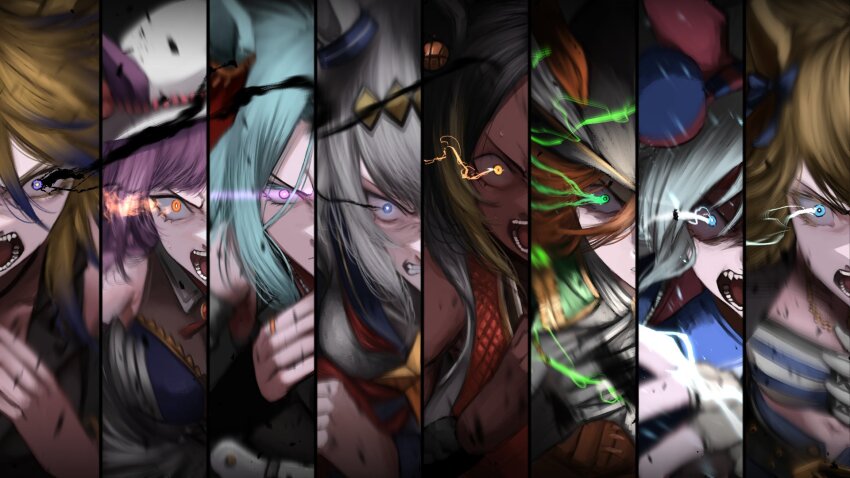 6+girls, animal_ears, aqua_hair, basketball_jersey, black_hair, black_hat, black_vest, blonde_hair