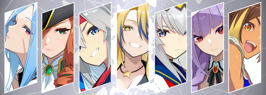 6+girls, absurdres, ascot, black_hat, black_ribbon, blonde_hair, blue_eyes, blue_hair