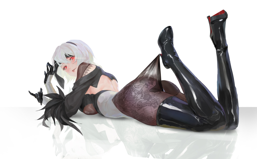 1girl, 2b_(nier:automata), absurdres, black_boots, black_gloves, black_hairband, boots, breasts