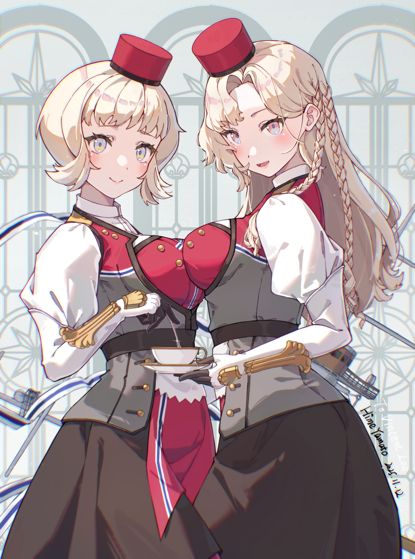2girls, asymmetrical_hair, black_skirt, blonde_hair, braid, breasts, eidsvold_(kancolle), elbow_gloves