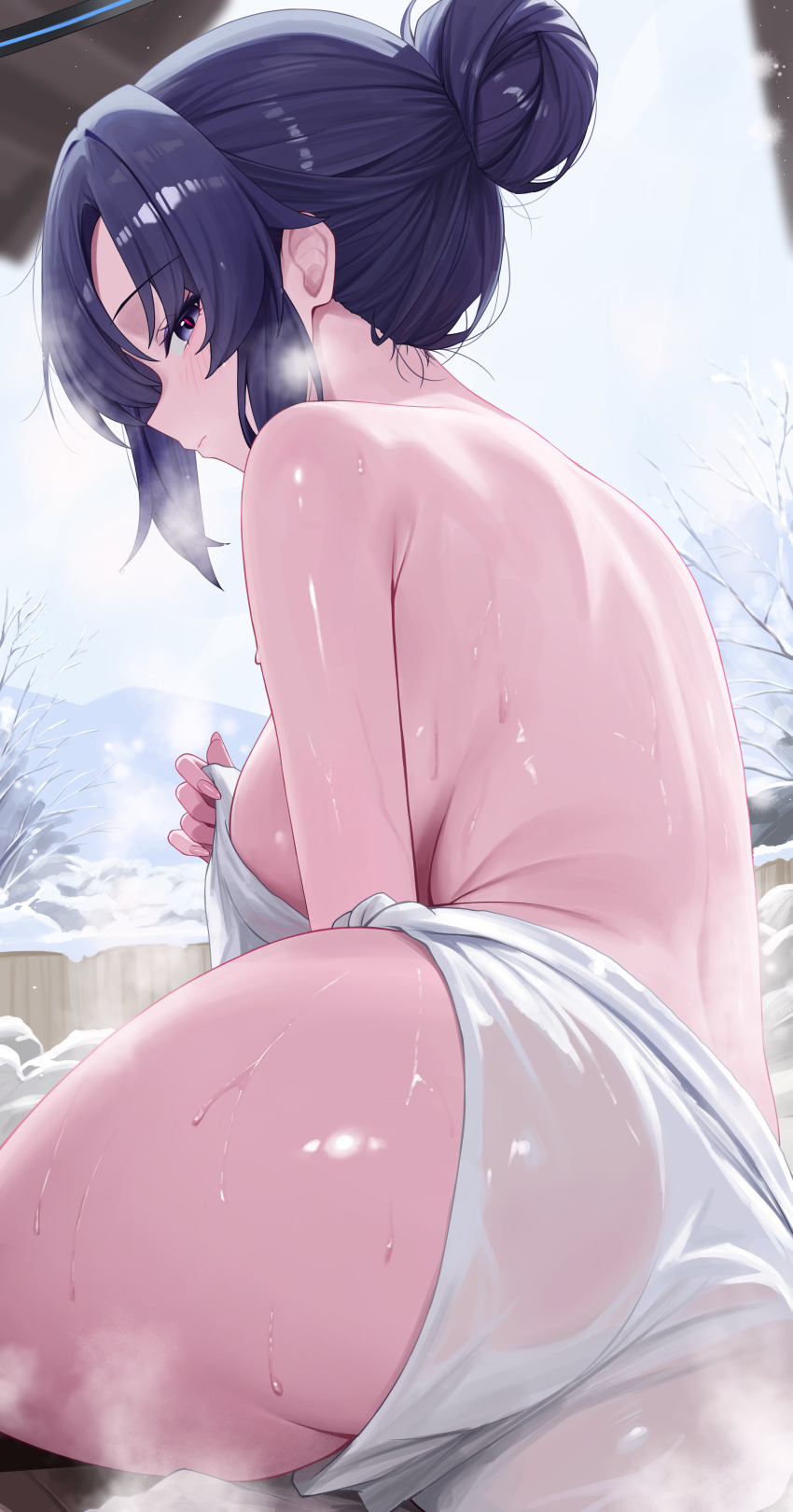 1girl, absurdres, armpit_crease, ass, back, bare_shoulders, blue_archive, blush