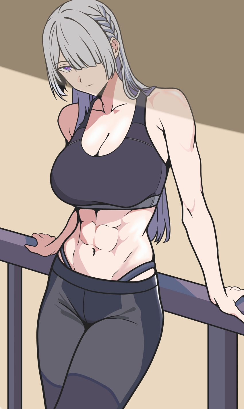 1girl, abs, absurdres, ak-15_(girls'_frontline), black_pants, breasts, cleavage, girls'_frontline