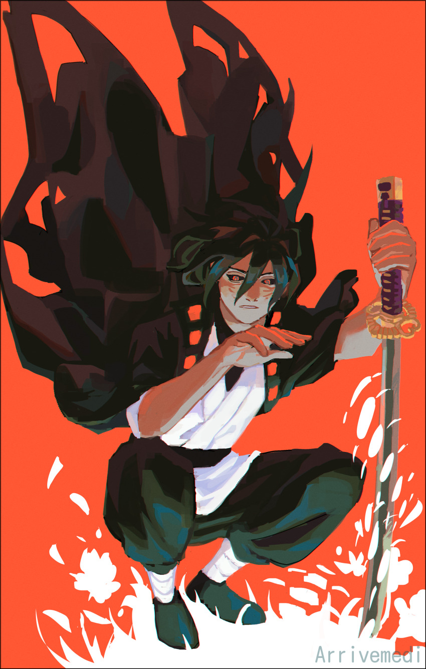 1boy, absurdres, asteris-kitsy, black_hair, black_haori, black_pants, black_sclera, bug