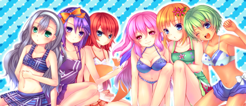 6+girls, ball, beachball, bikini, bikini_skirt, black_hair, blonde_hair, blue_eyes, green_eyes, green_hair, ion_(rune_factory), karin_(rune_factory), long_hair, multiple_girls, one_eye_closed, persia_(rune_factory), pink_eyes, pink_hair, purple_eyes, purple_hair, red_hair, rune_factory, rune_factory_3, saotome_mirai, short_hair, sia_(rune_factory), sofia_jalapeno_viviage, swimsuit, toona, wink
