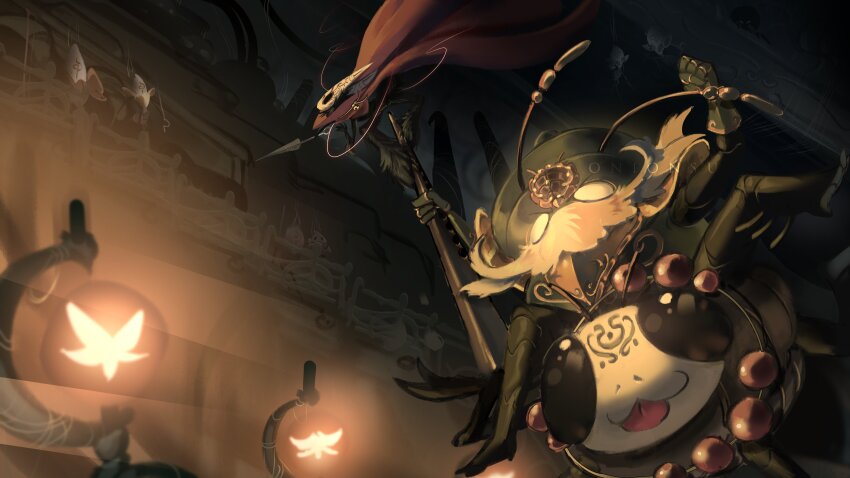 absurdres, antennae, arm_up, armor, arthropod_boy, arthropod_girl, beads, black_eyes