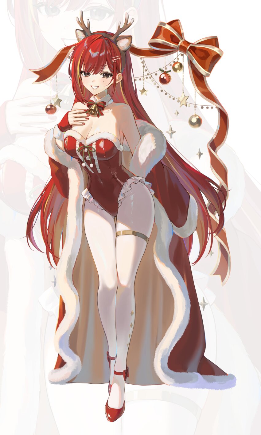 1girl, absurdres, animal_ears, breasts, cape, character_request, christmas, christmas_ornaments