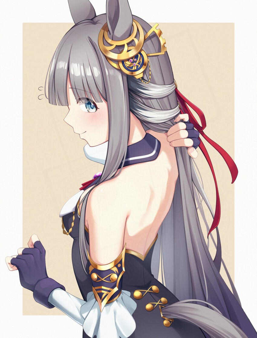 1girl, absurdres, animal_ears, back, bare_back, black_gloves, blue_eyes, blush