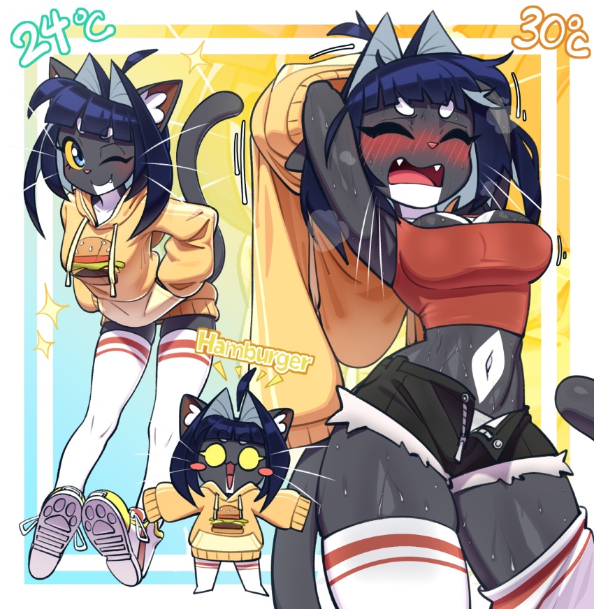 1girl, :d, animal_ears, black_hair, black_shorts, black_skin, blush, blush_stickers
