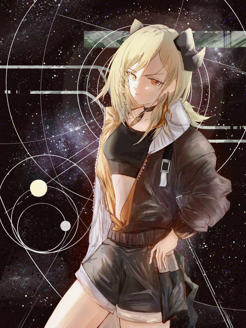 1girl, absurdres, arknights, black_background, black_choker, black_horns, black_shorts, black_tank_top