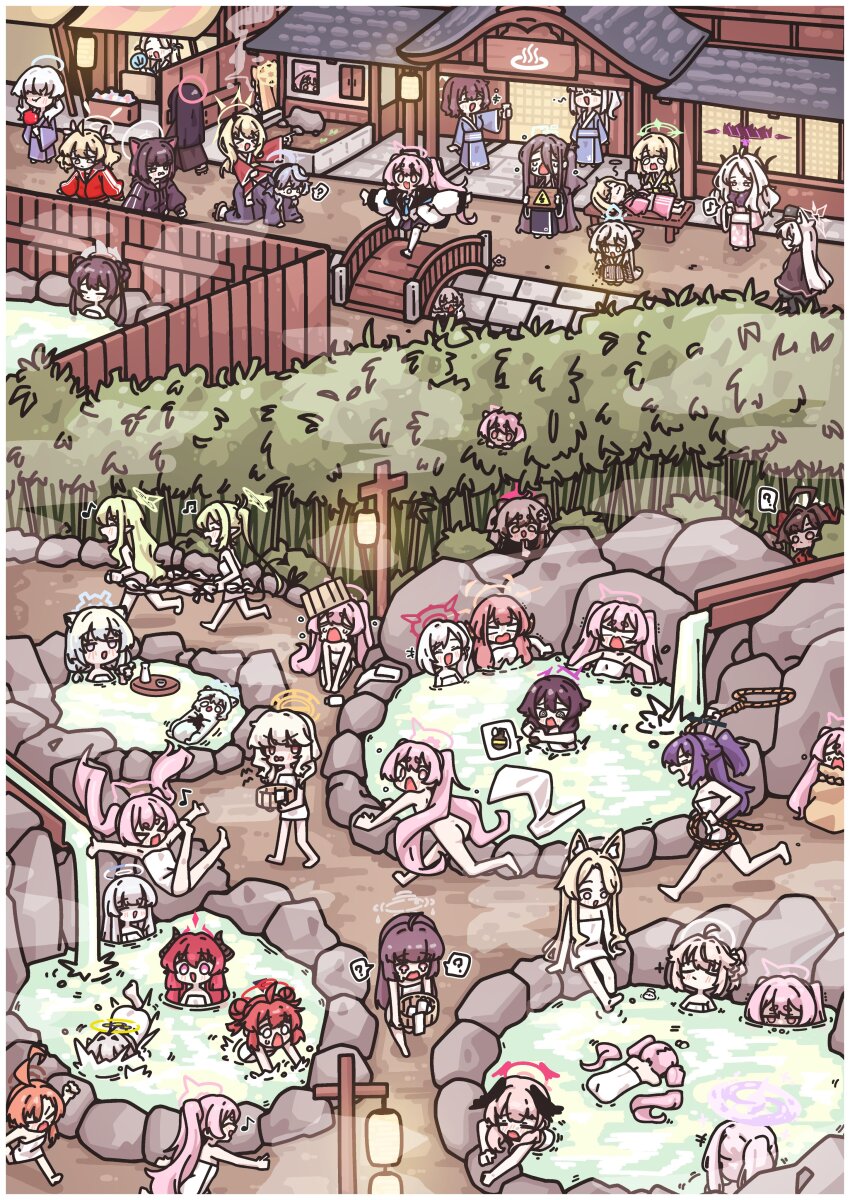 0dot001hz, 6+girls, absurdres, ahoge, akira_(blue_archive), ako_(blue_archive), animal_ears, aris_(blue_archive), aru_(blue_archive), black_hair, blonde_hair, blue_archive, blue_archive_2025_hack, blue_hair, breasts, brown_hair, chibi, commentary, demon_girl, demon_horns, fox_ears, full_body, green_hair, haruka_(blue_archive), highres, hikari_(blue_archive), hina_(blue_archive), horns, ibuki_(blue_archive), junko_(blue_archive), kasumi_(blue_archive), kazusa_(blue_archive), kisaki_(blue_archive), koharu_(blue_archive), kokona_(blue_archive), koyuki_(blue_archive), long_hair, maki_(blue_archive), mari_(blue_archive), medium_breasts, medium_hair, michiru_(blue_archive), midori_(blue_archive), miyako_(blue_archive), miyu_(blue_archive), momoi_(blue_archive), multiple_girls, mutsuki_(blue_archive), natsu_(blue_archive), neru_(blue_archive), nozomi_(blue_archive), nude, onsen, pink_hair, ponta_itachi, red_hair, seia_(blue_archive), shigure_(blue_archive), sitting, sora_(blue_archive), standing, untranslatable_commentary, twintails, very_long_hair, white_hair, yuuka_(blue_archive)