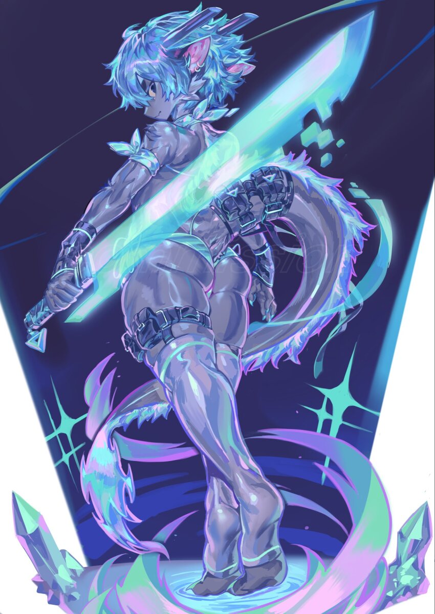 1boy, animal_ears, aqua_hair, ass, bikini, crystal, dragon_boy, dragon_tail