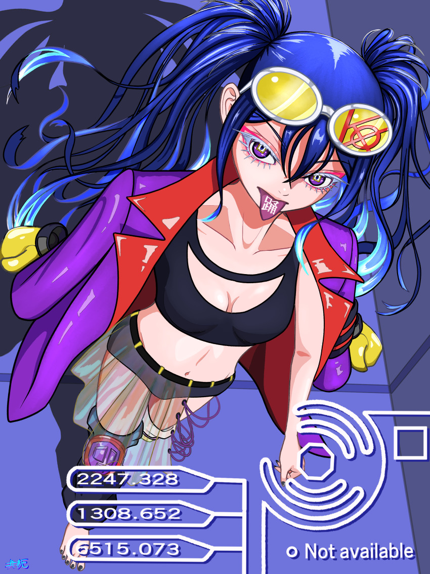 1girl, absurdres, barefoot, black_nails, blue_hair, boxing_gloves, breasts, cleavage, commentary_request, eyelashes, eyewear_on_head, half-skirt, highres, jacket, jacket_on_shoulders, long_hair, medium_breasts, nail_polish, odo-chan_(ado), odo_(song), purple_eyes, purple_jacket, see-through_clothes, see-through_skirt, skirt, solo, stomach, tinted_eyewear, toenail_polish, toenails, tomoyaku, tongue, tongue_out, twintails, yellow-tinted_eyewear