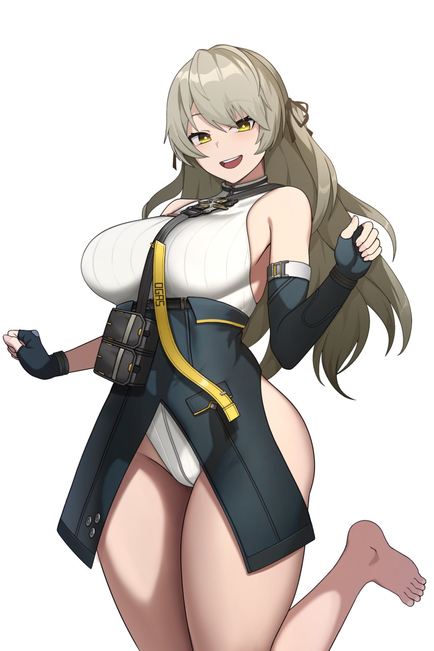 1girl, absurdres, armpits, asymmetrical_gloves, bare_shoulders, barefoot, blue_thighhighs, blush