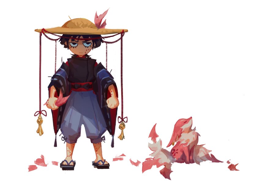 1boy, aina_(mayexplode), animalization, arms_at_sides, bite_mark_on_cheek, bite_mark_on_leg, black_bow, black_eyes, black_hair, black_sandals, black_sash, black_sleeves, blunt_ends, bow, brown_hat, clenched_hands, closed_mouth, clothing_cutout, eyelashes, fox, frown, full_body, genshin_impact, geta, grey_pants, hat, highres, holding, ichimegasa, japanese_clothes, kariginu, kimono, kuronushi_(genshin_impact), layered_sleeves, pants, red_kimono, red_sash, red_sleeves, ribbon-trimmed_sleeves, ribbon_trim, sandals, sanpaku, sash, scaramouche_(genshin_impact), shoulder_cutout, standing, straight-on, tassel, white_background, wide_sleeves, wispy_bangs, yae_miko, yae_miko_(fox)