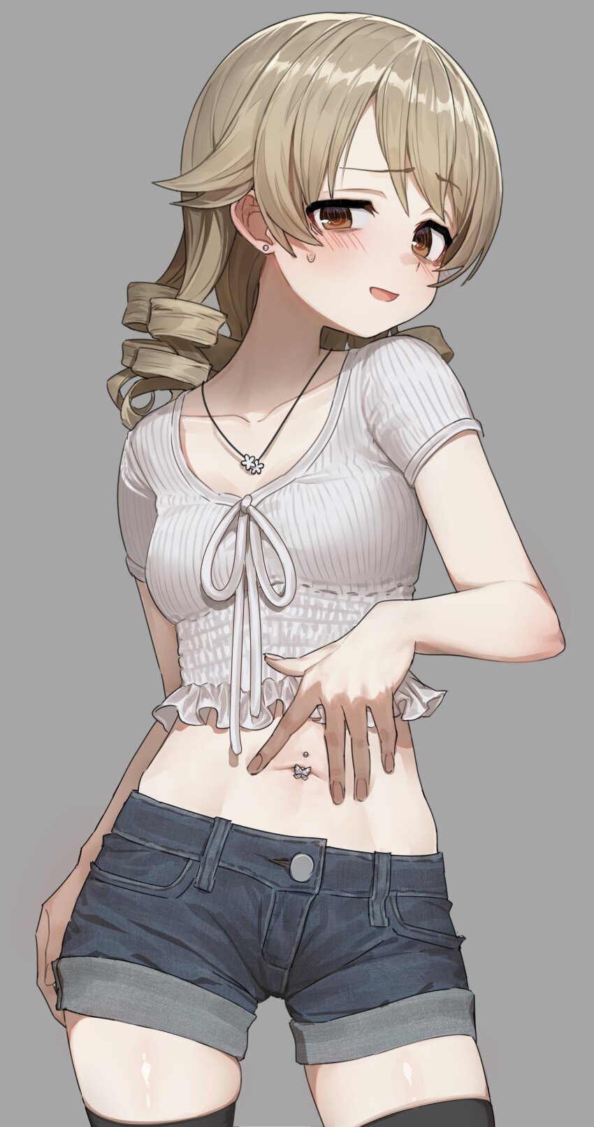 1girl, absurdres, black_thighhighs, blush, breasts, brown_eyes, brown_hair, crop_top, denim, denim_shorts, embarrassed, highres, idolmaster, idolmaster_cinderella_girls, jewelry, medium_hair, midriff, morikubo_nono, navel, navel_piercing, necklace, okubatomaeba, open_mouth, piercing, ringlets, short_shorts, shorts, small_breasts, solo, spread_navel, sweatdrop, thighhighs