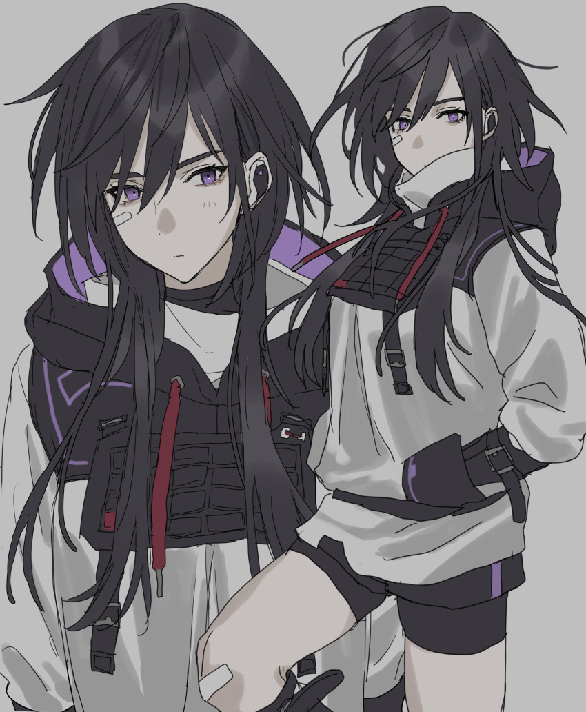 1girl, absurdres, bandaid, bandaid_on_face, bandaid_on_knee, bandaid_on_leg, black_hair, black_shorts