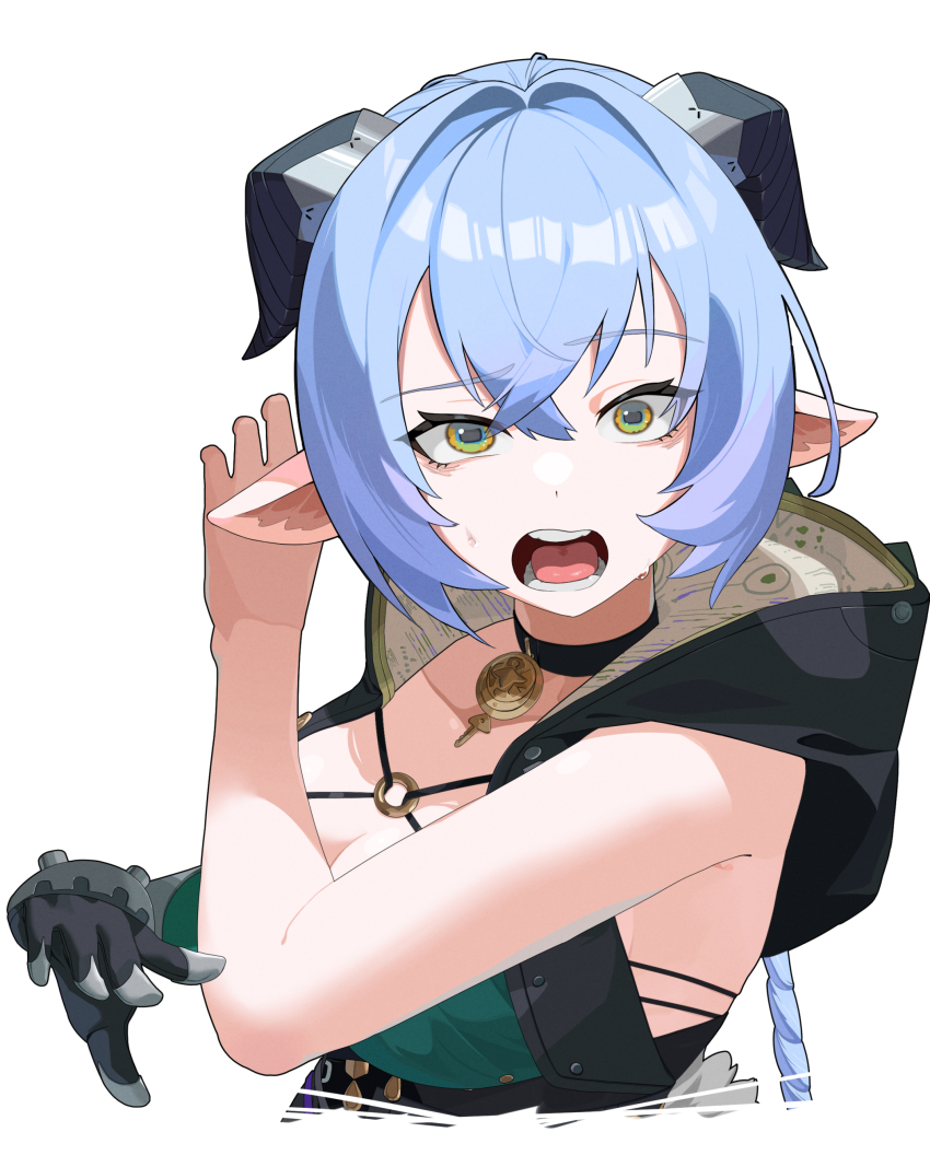 1girl, absurdres, animal_ears, blue_hair, braid, breasts, choker, commentary_request