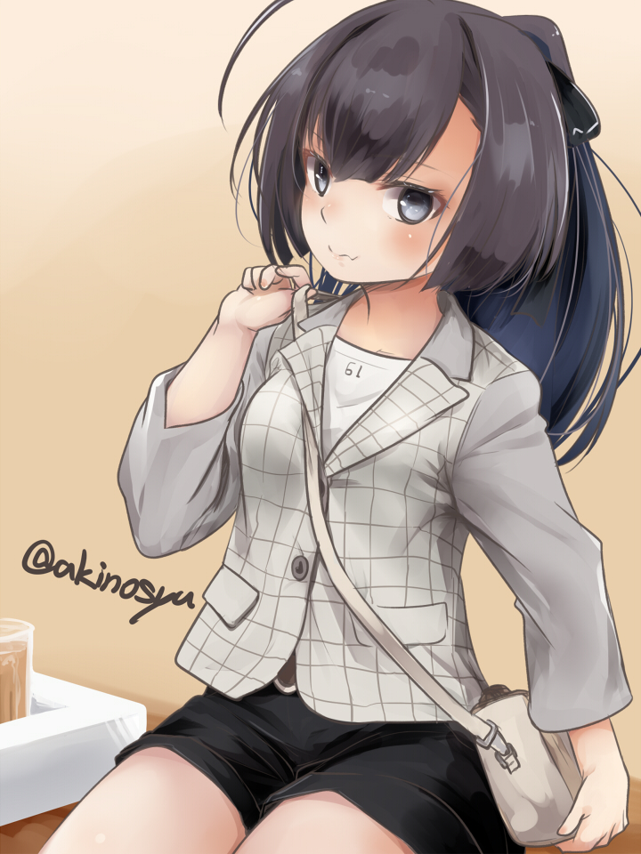 1girl, akino_shuu, akizuki_(kancolle), akizuki_(saury_festival)_(kancolle), artist_name, bag, black_hair, breasts