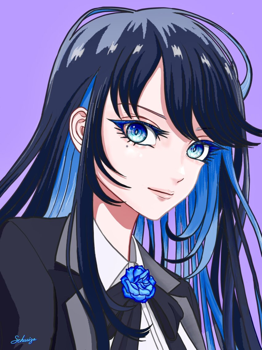 1girl, ado_(utaite), black_hair, black_jacket, blue_eyes, blue_hair, chando_(ado), colored_inner_hair