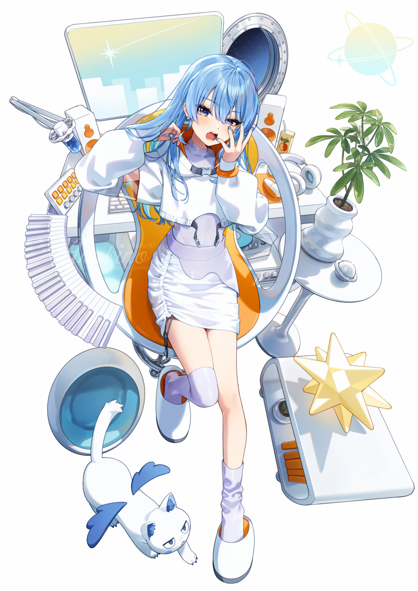 1girl, absurdres, akabino, blue_eyes, blue_hair, chair, commentary, cropped_hoodie