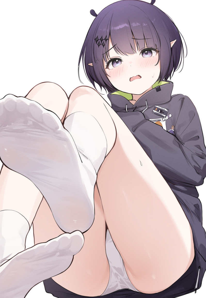 1girl, absurdres, ass, blunt_bangs, blush, bob_cut, feet, foot_focus, grey_jacket, hair_ornament, hairclip, highres, hololive, hololive_english, jacket, looking_at_viewer, ninomae_ina'nis, ninomae_ina'nis_(loungewear), no_pants, no_shoes, nyashira, official_alternate_costume, panties, pointy_ears, purple_eyes, purple_hair, short_hair, simple_background, sitting, sleeves_past_wrists, soles, soles_of_feet_in_socks, solo, toes, toes_visible_through_clothing, underwear, virtual_youtuber, wavy_mouth, white_background, white_panties