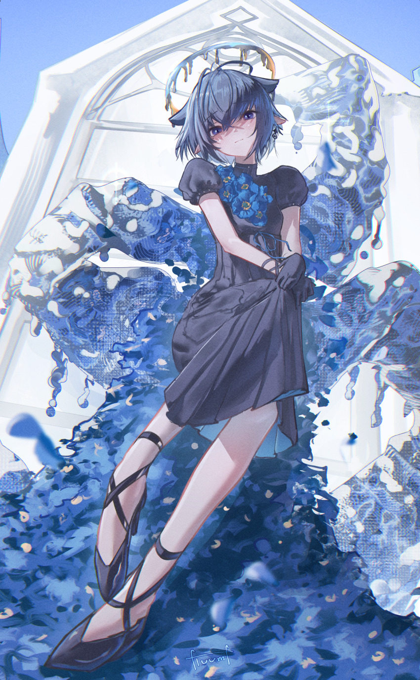 1girl, absurdres, ankle_strap, black_dress, black_gloves, black_hair, black_shoes, blue_flower