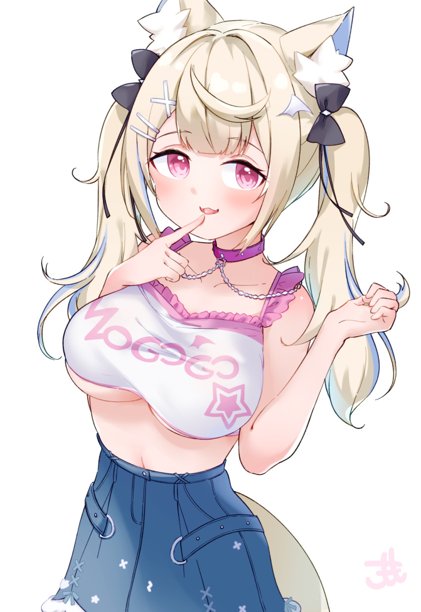 1girl, animal_ear_fluff, animal_ears, black_bow, blonde_hair, blue_hair, blue_skirt, bow