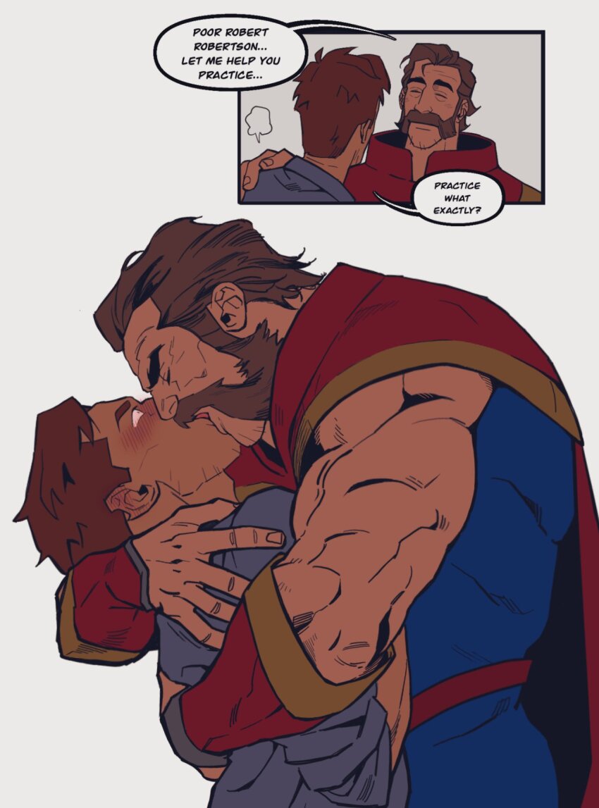 2boys, bara, biceps, blue_shirt, blush, bonjourdraws, brown_hair, cape