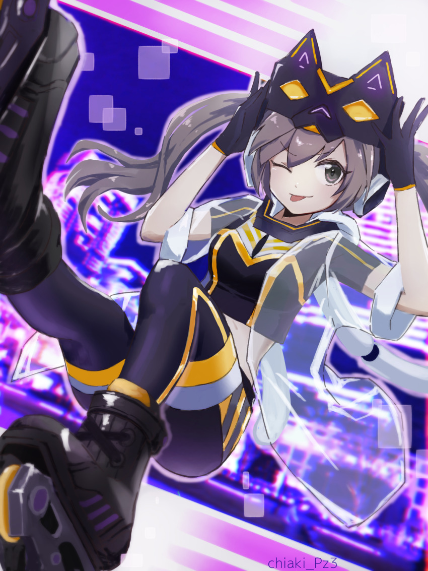 1girl, artist_name, black_gloves, black_shirt, black_thighhighs, brown_eyes, brown_hair, closed_mouth, duel_monster, gloves, headgear, highres, i:p_masquerena, long_hair, midriff, one_eye_closed, reika_(chiaki), roller_skates, see-through_clothes, see-through_shirt, shirt, short_shorts, shorts, skates, smile, solo, thighhighs, tongue, tongue_out, twintails, yu-gi-oh!