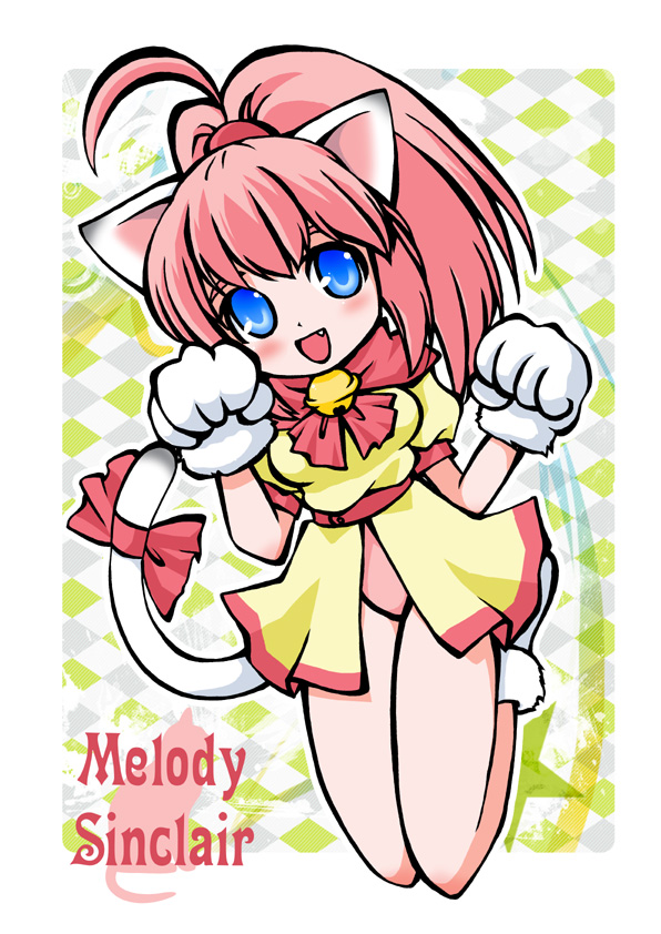 1girl, :d, animal_ears, animal_hands, bell, blue_eyes, bow, breasts