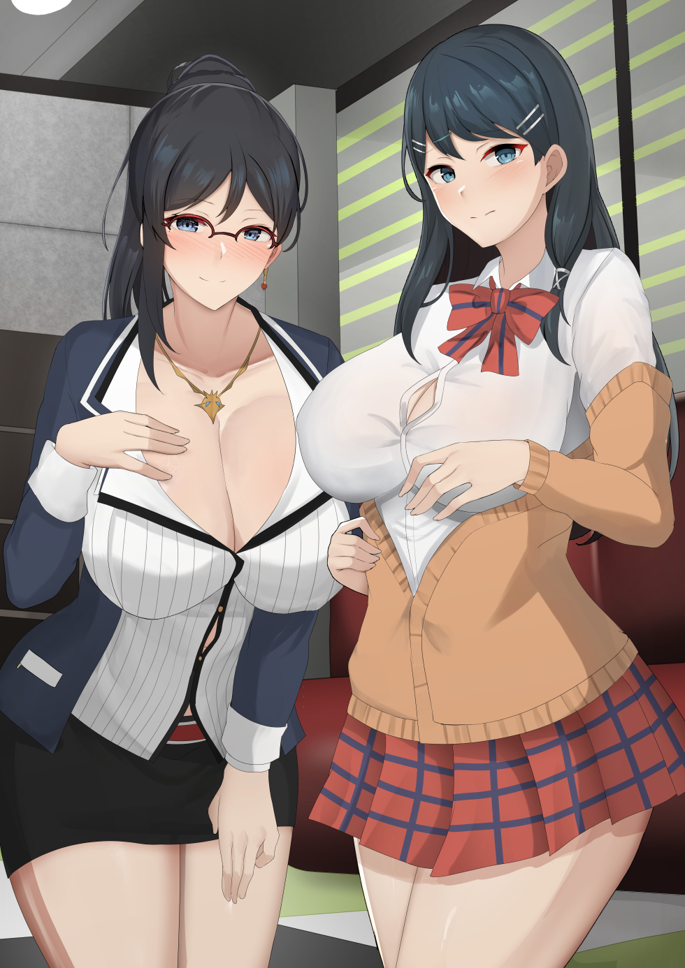 2girls, black_hair, black_skirt, blue_eyes, blue_jacket, blush, bow, bowtie