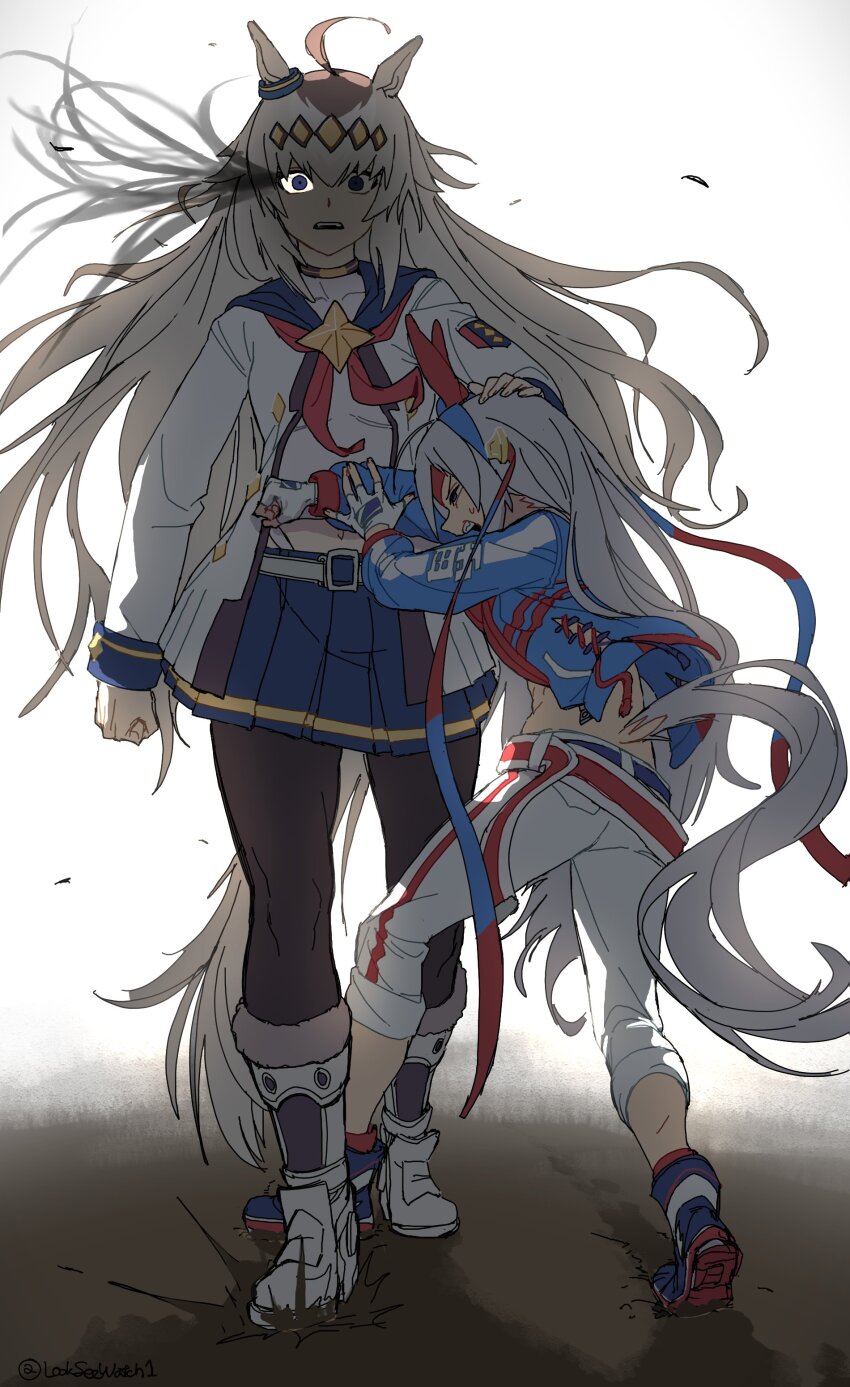 2girls, absurdres, ahoge, animal_ears, arm_at_side, arms_up, backlighting, boots, brown_hair, btmr_game, clenched_hand, constricted_pupils, dirty_footwear, ear_covers, ear_ornament, fingerless_gloves, floating_hair, full_body, gloves, glowing, glowing_sclera, grey_hair, grey_tail, hairband, half-closed_eye, hand_on_another's_head, height_difference, highres, holding_back, horse_ears, horse_girl, horse_tail, jacket, kej3516, long_hair, long_sleeves, looking_at_viewer, midriff_peek, miniskirt, mud, multicolored_hair, multicolored_hairband, multiple_girls, navel, oguri_cap_(starlight_beat)_(umamusume), oguri_cap_(umamusume), open_mouth, pants, pantyhose, pleated_skirt, pushing, shaded_face, shirt, shoes, skirt, struggling, tail, tamamo_cross_(fast_as_lightning)_(umamusume), tamamo_cross_(umamusume), two-tone_hair, two-tone_hairband, umamusume, v-shaped_eyebrows, very_long_hair, walking, white_hair, wide-eyed