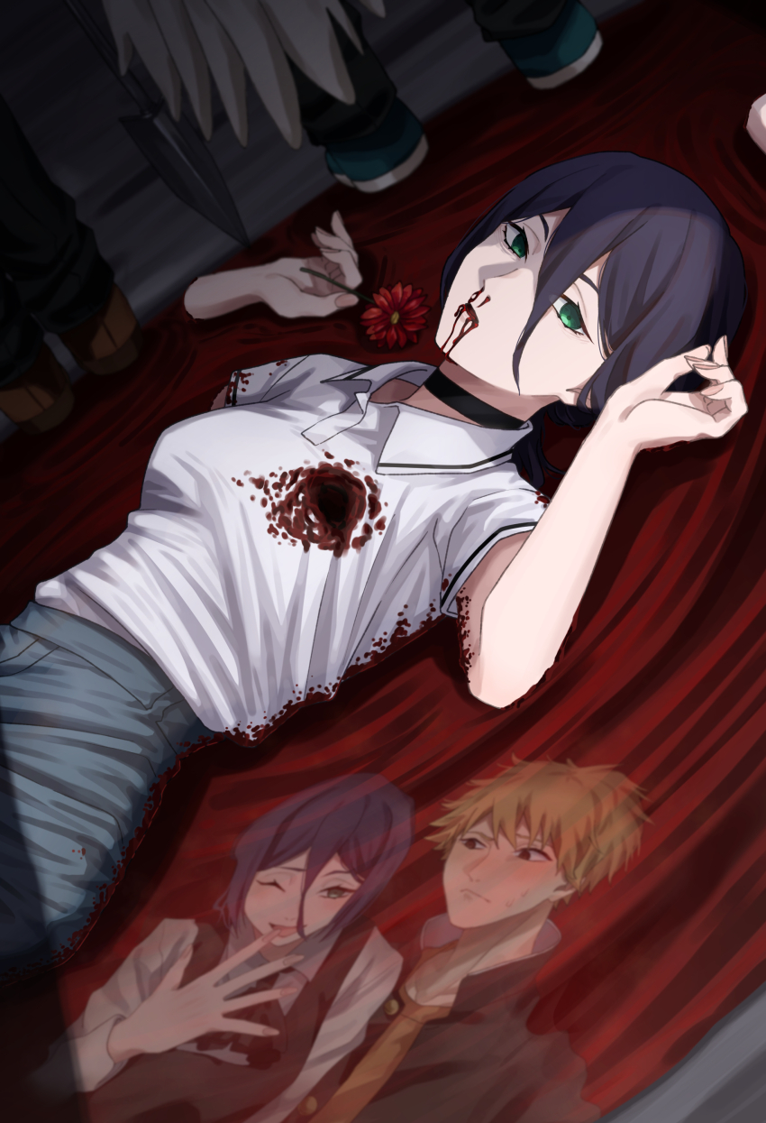 1boy, 2girls, absurdres, angel_devil_(chainsaw_man), black_choker, blood, blood_on_clothes, breasts, brown_hair, bullet_wound, chainsaw_man, choker, collared_shirt, denji_(chainsaw_man), dress, dutch_angle, empty_eyes, feathered_wings, flower, fourth_east_high_school_uniform, gakuran, green_eyes, hair_between_eyes, highres, imminent_death, injury, lying, makima_(chainsaw_man), multiple_girls, nosebleed, on_back, pinafore_dress, polearm, pool_of_blood, purple_hair, red_flower, reze_(chainsaw_man), school_uniform, severed_limb, shirt, shirt_tucked_in, sirata_maru000, sleeveless, sleeveless_dress, small_breasts, spear, spoilers, weapon, white_shirt, white_wings, wings