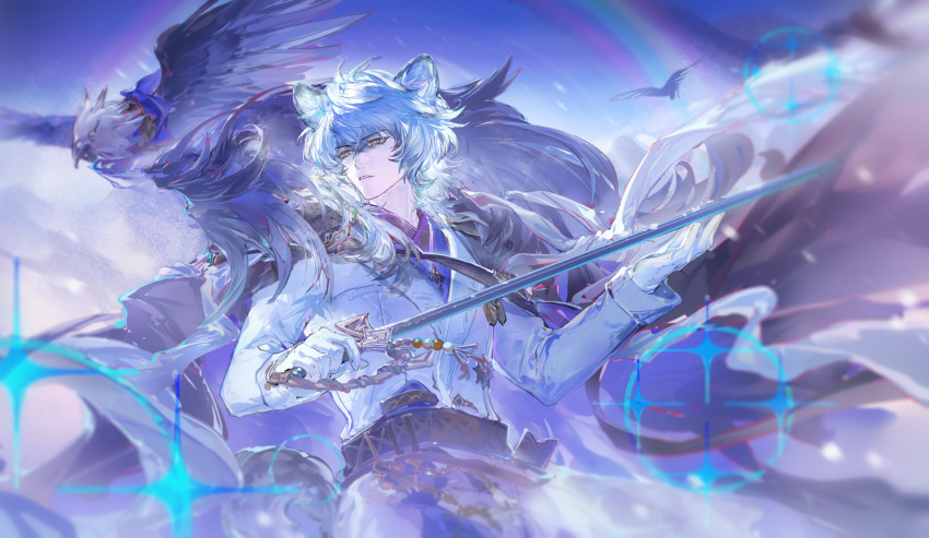 1boy, animal_ear_fluff, animal_ears, arknights, bird, black_coat, blue_background, chinese_commentary