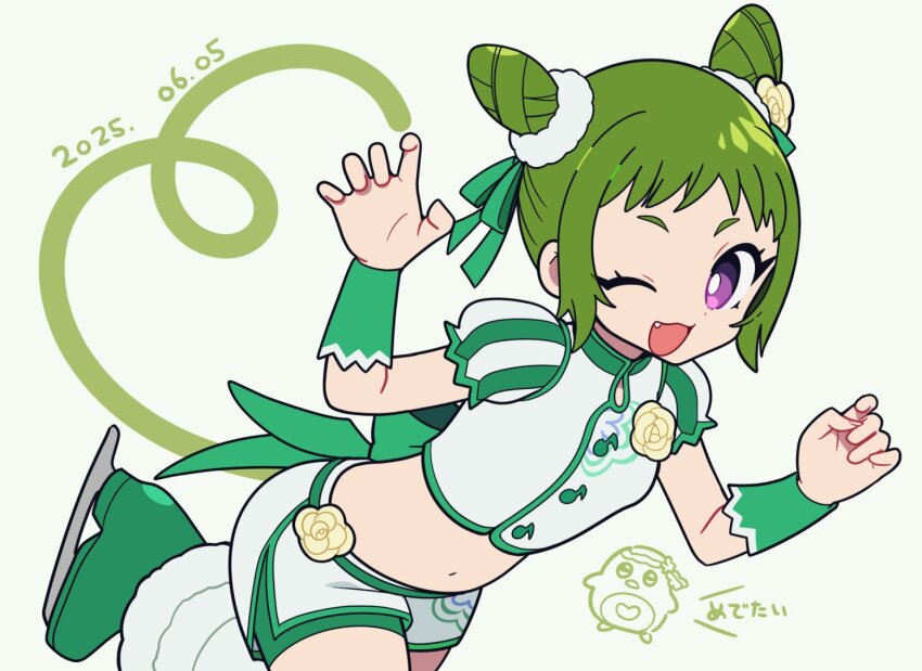 1girl, ;d, claw_pose, commentary, cone_hair_bun, dated, double_bun, ethini_(pretty_rhythm)