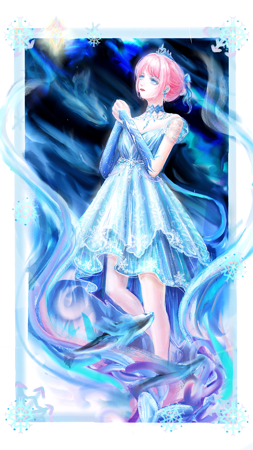 1girl, aqua_eyeshadow, arm_warmers, aurora, bare_legs, blue_arm_warmers, blue_bow, blue_choker, blue_dress, blue_eyes, blue_tiara, border, bow, chinese_commentary, choker, closed_mouth, collarbone, colored_eyelashes, commentary_request, crystal_poems_(infinity_nikki), dress, earrings, expressionless, eyeshadow, feet_out_of_frame, fish, flying_fish, hair_bow, hair_bun, highres, infinity_nikki, interlocked_fingers, jewelry, lace, lace_choker, lipstick, looking_ahead, makeup, medium_dress, necklace, night, nikki_(nikki), nikki_(series), outdoors, outside_border, own_hands_clasped, own_hands_together, picture_frame, pink_hair, pleated_dress, print_dress, red_lips, short_hair, single_hair_bun, sky, sleeveless, sleeveless_dress, snowflake_earrings, snowflake_print, solo, striped_clothes, striped_dress, tiara, vertical-striped_clothes, vertical-striped_dress, white_border, yuguihuanran