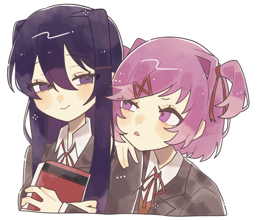 2girls, blush_stickers, book, brown_jacket, closed_mouth, collared_shirt, commentary_request, cropped_torso