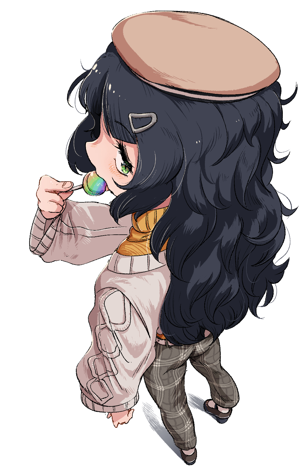 1girl, alternate_costume, beret, black_shoes, blush, brown_hat, candy, casual