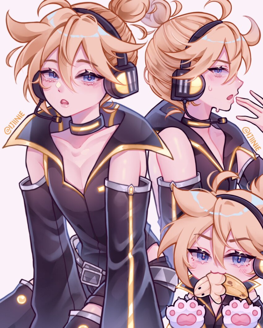 1boy, :3, :o, \||/, aegyo_sal, ahoge, animal_hands, arm_between_legs