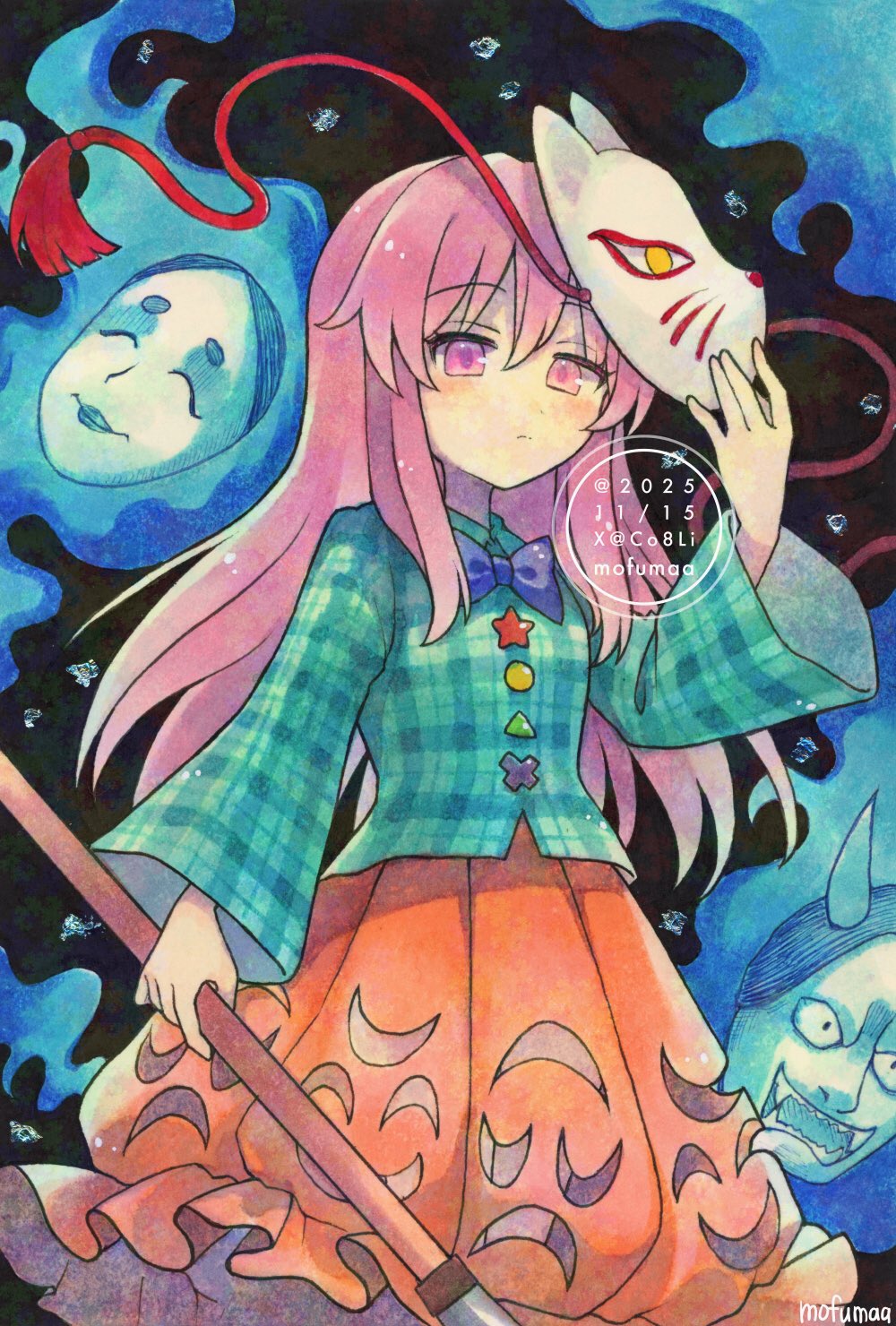 1girl, aqua_shirt, artist_name, blue_fire, blush, bow, bowtie, closed_mouth