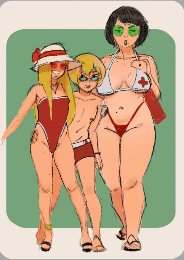 adonis, agata, bikini, blind, blonde_hair, breasts, legs, moitasart, original, sketch, sunglasses, swimsuit, thighs