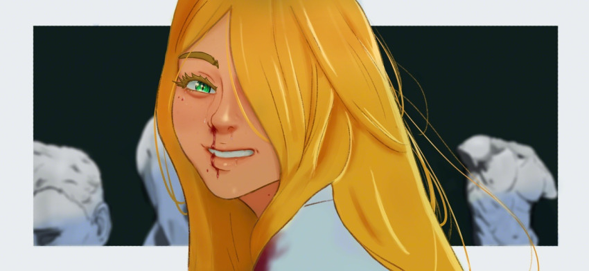 agata, blonde_hair, blood, crying, long_hair, looking_at_viewer, messy_hair, moitasart, mole, original, smile, statue, tears
