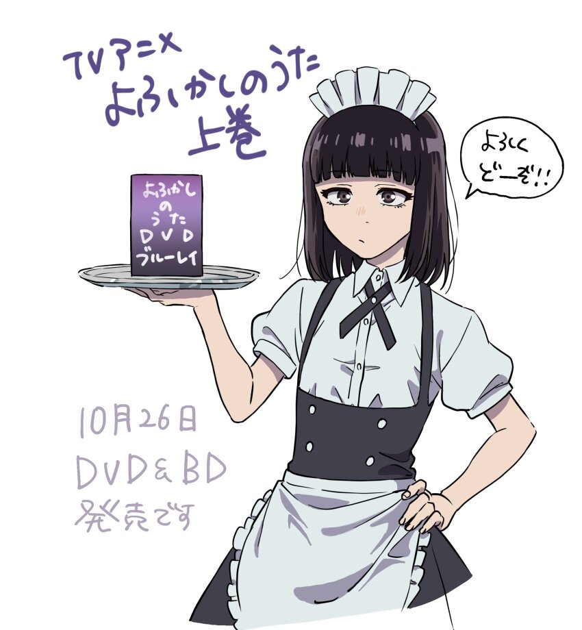 1boy, apron, black_hair, closed_mouth, crossdressing, crossdressing_(mtf), dvd_(object), highres