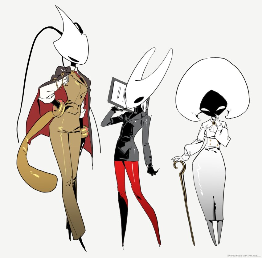 3girls, alternate_costume, antennae, arthropod_girl, ascot, black_skin, cane, coat
