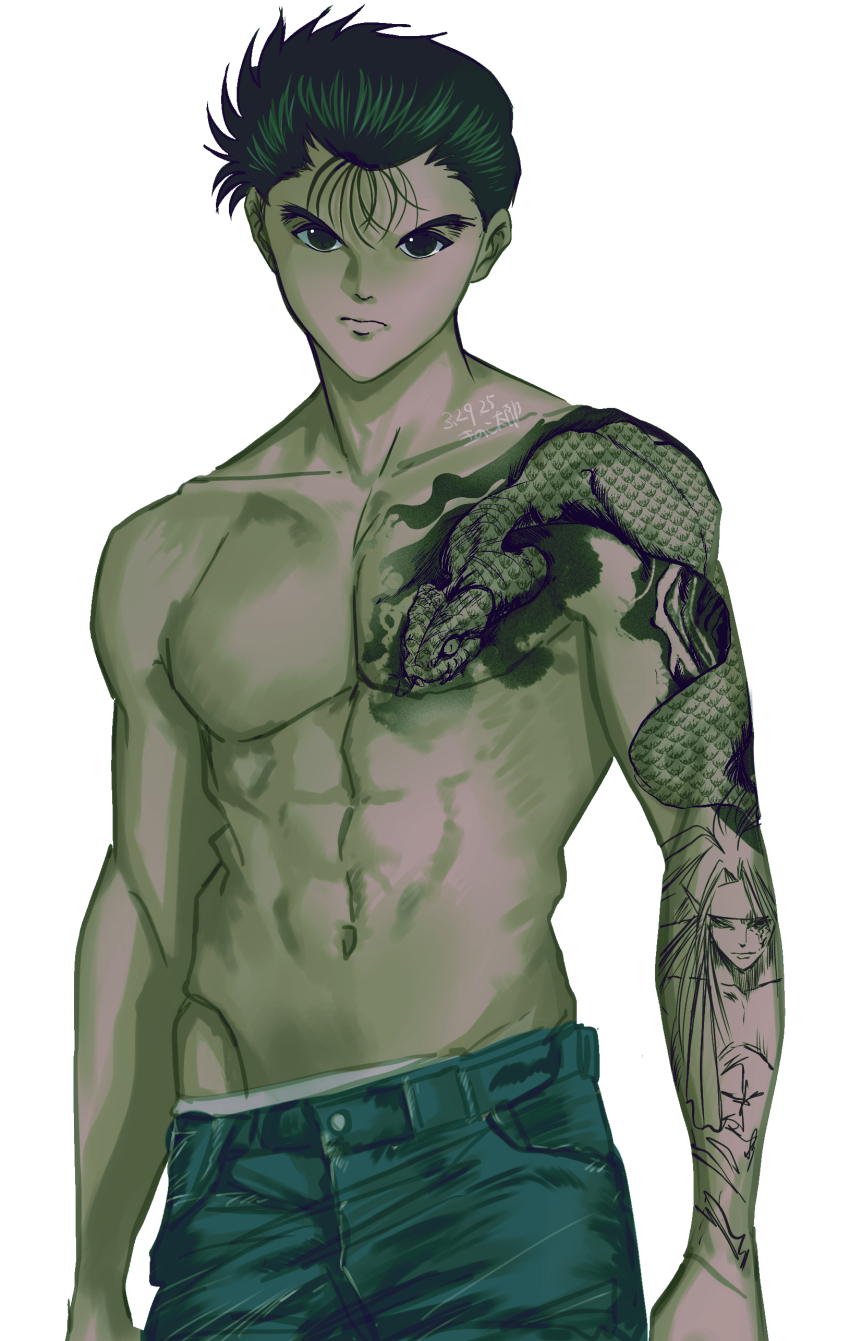 1boy, abs, absurdres, arm_tattoo, denim, gradient_hair, hiei4455, highres