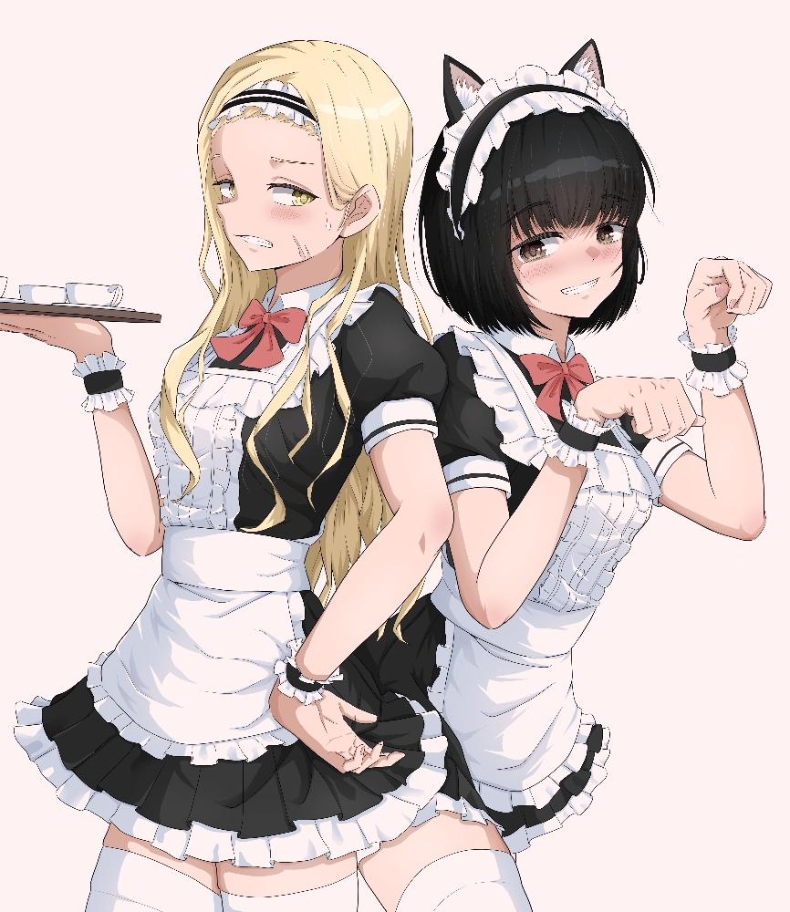2girls, animal_ears, apron, artistic_error, black_dress, black_hair, blonde_hair, blush