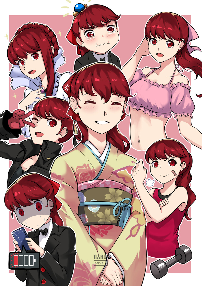 6+girls, absurdres, aldnoah.zero, alternate_costume, alternate_hairstyle, amamiya_sora, asseylum_vers_allusia, asseylum_vers_allusia_(cosplay), bandaid, bandaid_on_face, bikini, black_jacket, blush, buttons, chibi, closed_eyes, commentary, cosplay, crossover, crying_aqua_(meme), daru, dress, english_commentary, highres, jacket, japanese_clothes, kimono, kono_subarashii_sekai_ni_shukufuku_wo!, long_hair, meme, multiple_girls, navel, obi, official_alternate_costume, one_eye_closed, persona, persona_5, persona_5_the_royal, pink_bikini, ponytail, red_eyes, red_hair, red_shirt, sash, school_uniform, shirt, shuujin_academy_school_uniform, sleeveless, sleeveless_shirt, stomach, swimsuit, tearing_up, twitter_username, v, violet_(persona_5), voice_actor_connection, white_dress, yoshizawa_kasumi, yukata