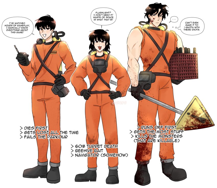 ..., 1girl, 2boys, absurdres, areuwuu, black_gloves, black_hair, blood