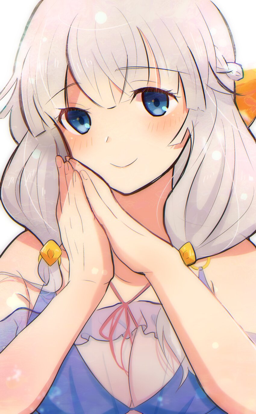 1girl, absurdres, bare_shoulders, beatrice_(rune_factory), bikini, blue_bikini, blue_eyes, blush