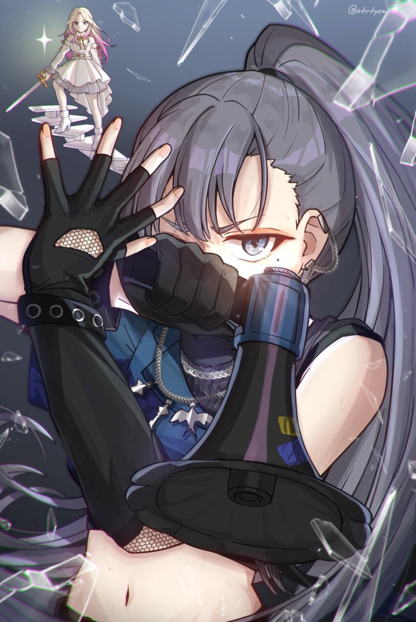 2girls, amaya_tsubame, black_gloves, black_hair, blonde_hair, blue_eyes, covered_face, covered_mouth
